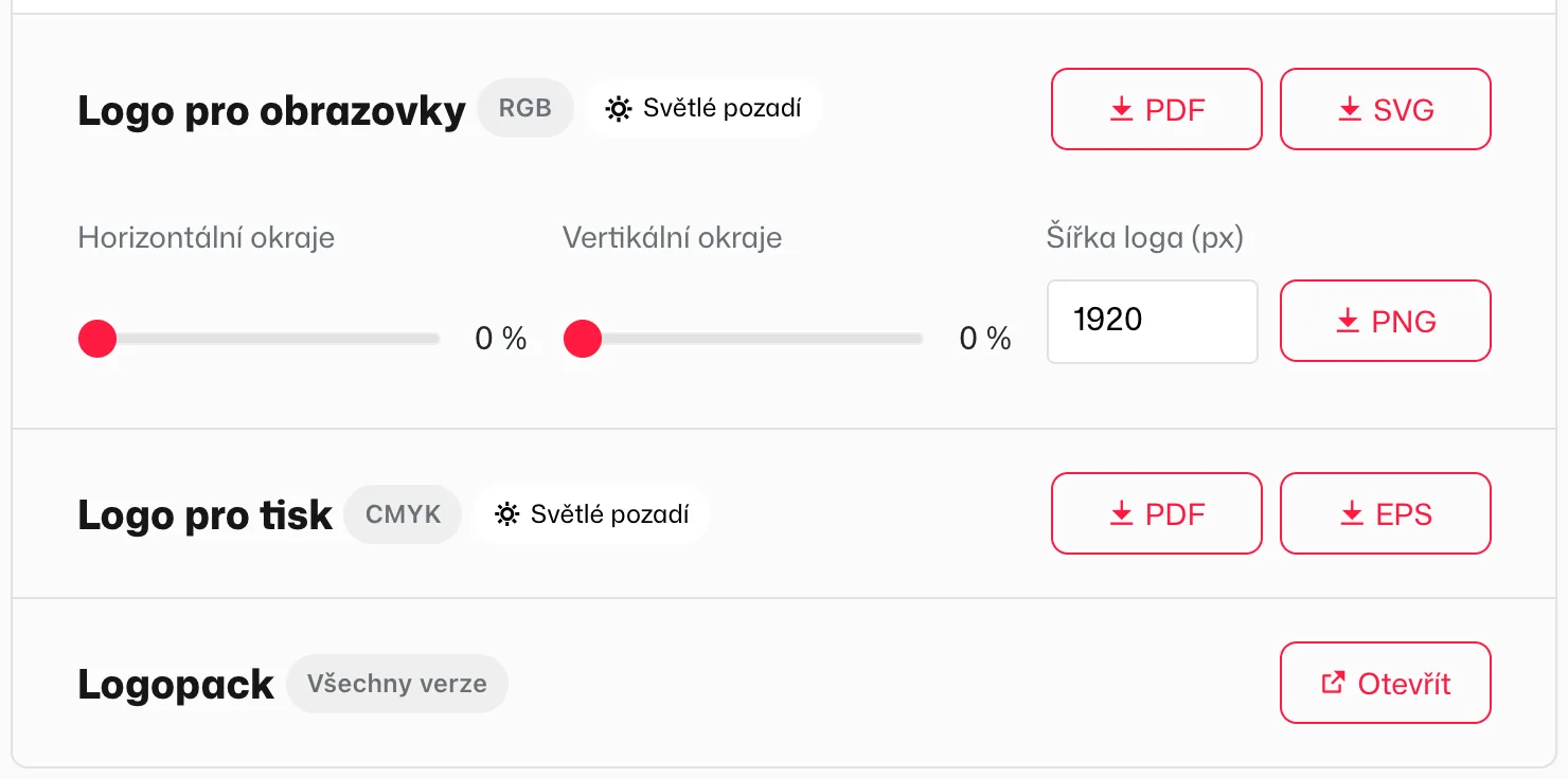 Pod logem: soubory pro obrazovky, pro tisk a logopack. PNG se vytvoří s okraji a šířkou podle posuvníků.