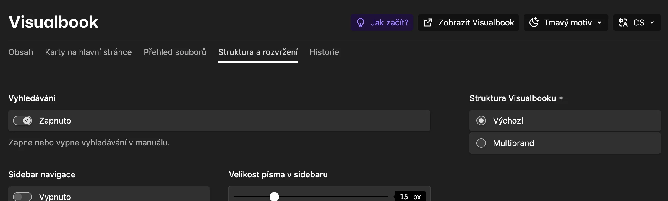 Vyhledávání, boční navigace a struktura Výchozí nebo Multibrand.